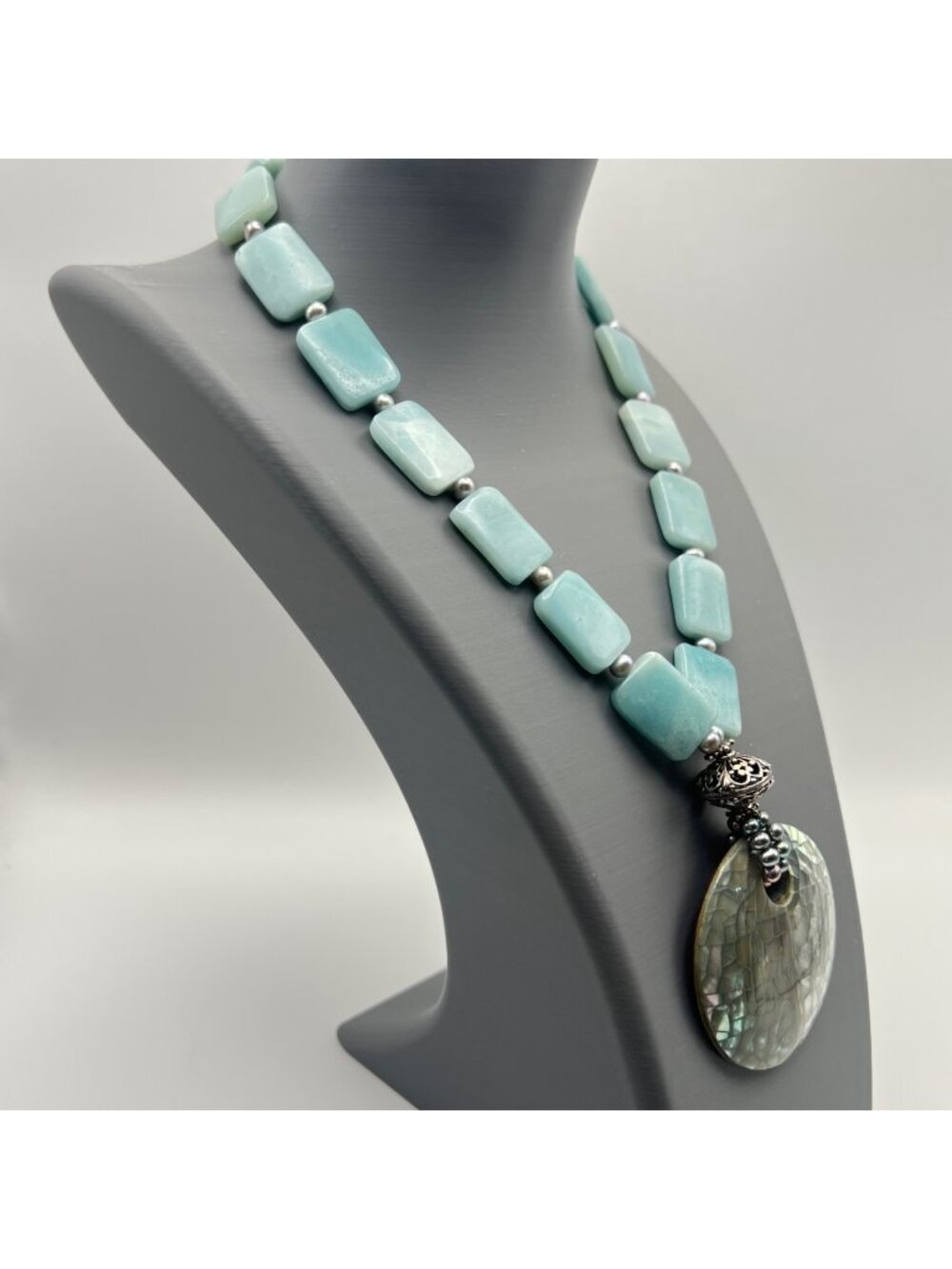 Amazonite Mother-Of-Pearl Mosaic Pendant Necklace Sterling SX 925 16.5-18.5"